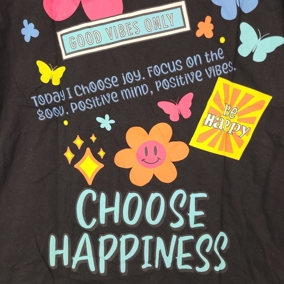 NEW ON Fire Black Fringe Tee "Good Vibes Only Be Happy" Flowers Print SZ 2X NWT - Picture 6 of 7